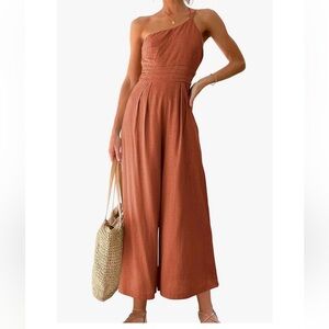 One Shoulder Rust Linen Jumpsuit with Pockets